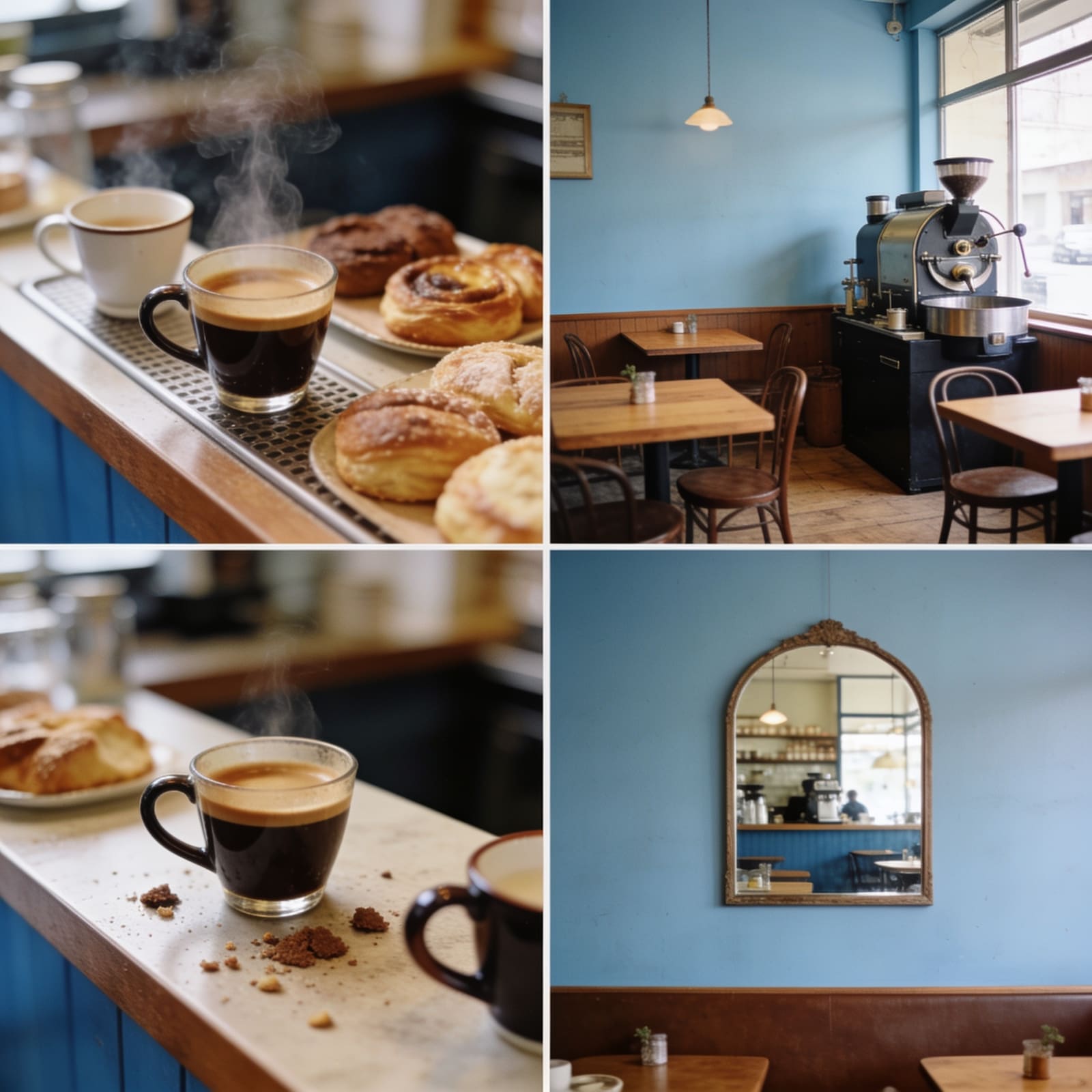 Interno luminoso di una piccola caffetteria con espresso e cornetti